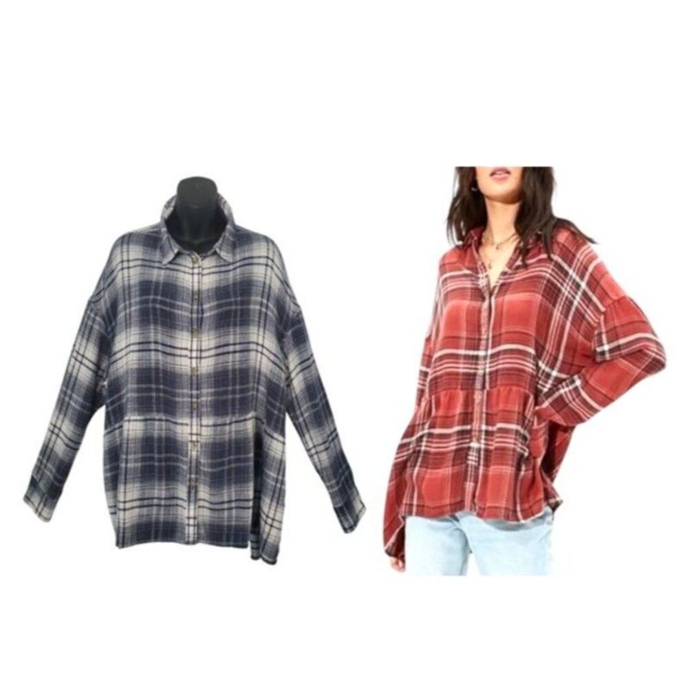 American Eagle Blue Plaid Flannel Babydoll Oversized Fit Flowy Top Sz S Grunge